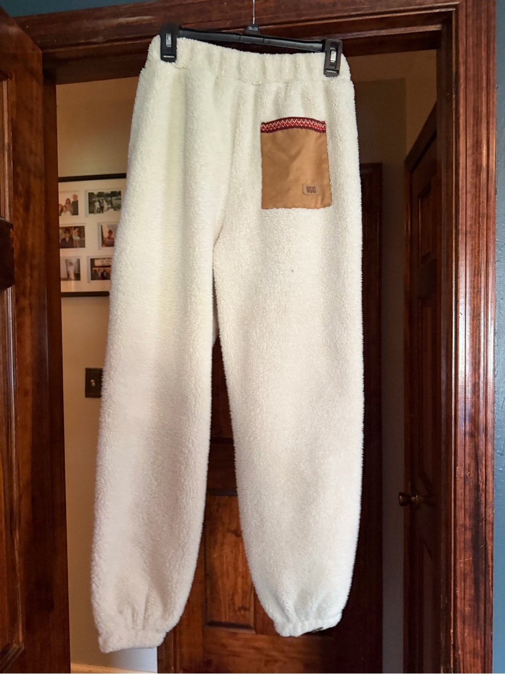 UGG Cream Sherpa Fleece Jogger Pants with Red Trim - Picture 2 of 2